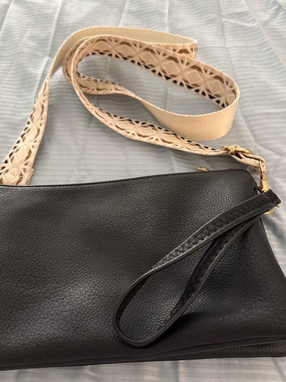 Black Leather Crossbody/wristlet  Bag with Cream Woven Strap